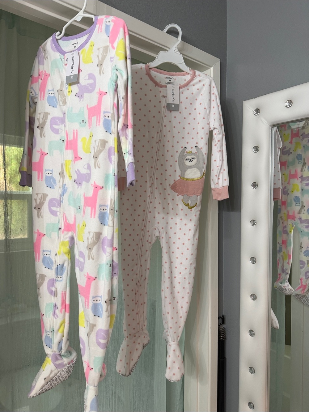Carter's White Sloth & Pastel fleece pj Animal Print Footed One-Pieces 4T nwt
